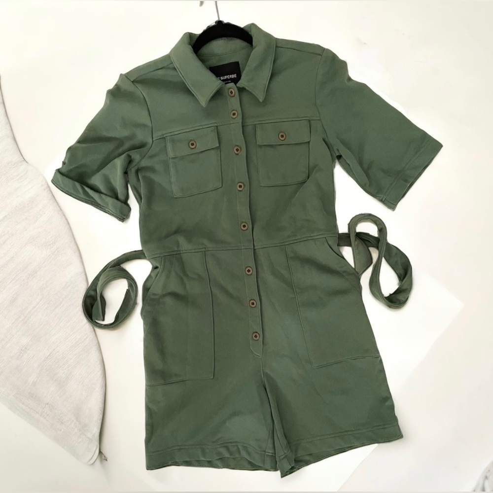LE SUPERBE Green Short Sleeve Belted romper cargo pockets cotton terry 4